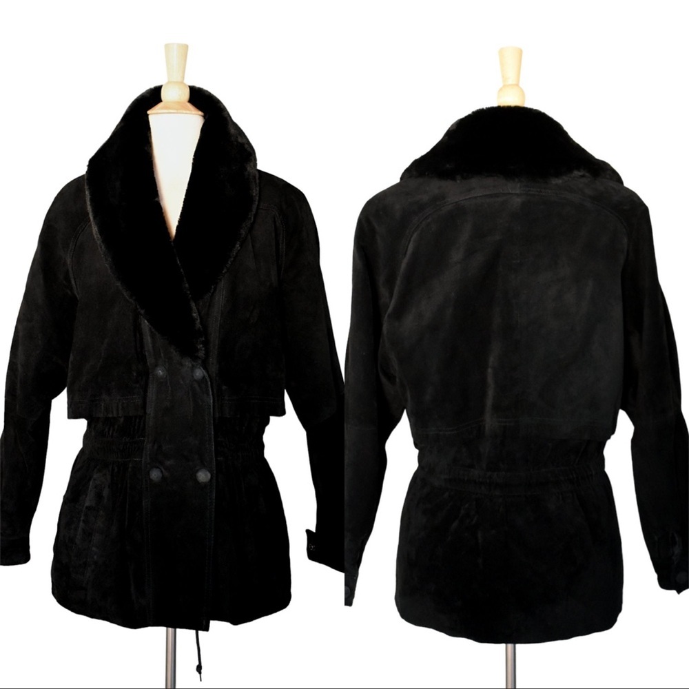 Vintage 80s Jacket  Gitano Black Suede Leather Faux Mouton Fur Huge Collar